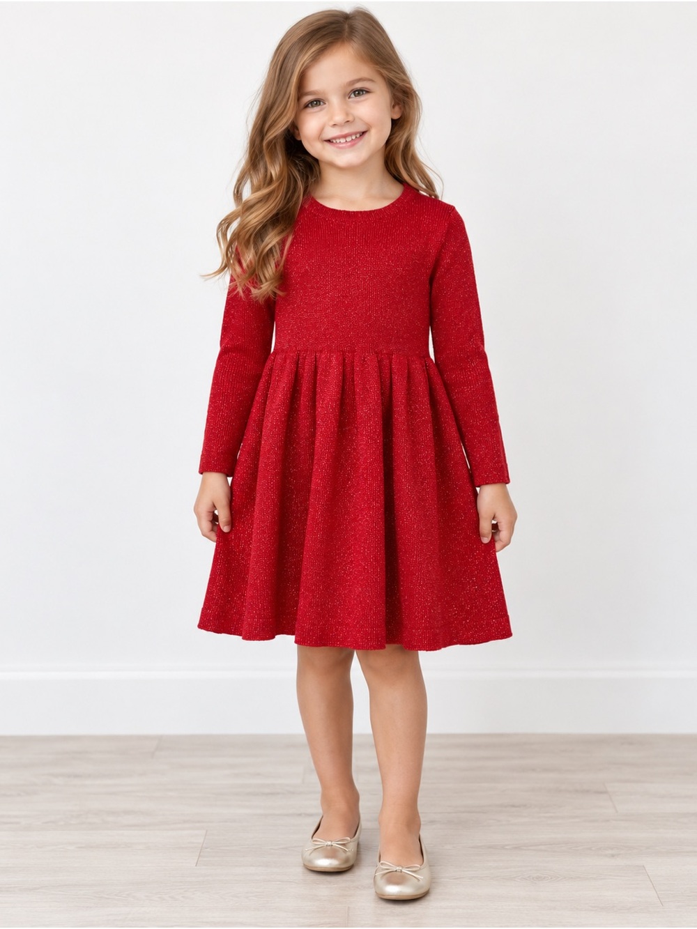 H&M Red Long-Sleeve Sparkle Knit Dress